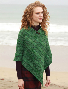 Plaited Aran Poncho with Button Detail - Connemara Green/Kiwi