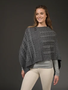 Plaited Aran Poncho with Button Detail - Grey/Derby