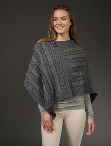 Plaited Aran Poncho with Button Detail - Grey/Derby