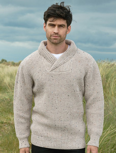 Fisherman Shawl Neck Sweater- Oatmeal Marl