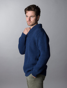 Fisherman Shawl Neck Sweater -  Blue