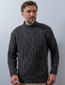 Wool Cashmere Aran Mock Turtleneck Sweater - Charcoal