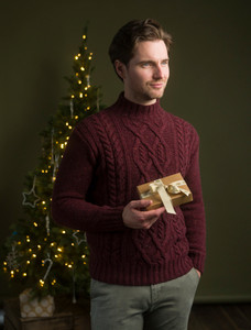 Wool Cashmere Aran Mock Turtleneck Sweater - Rich Burgundy