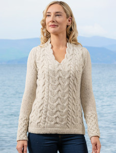 Wool Cashmere Cable V-Neck Sweater - Chalkstone