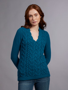 Wool Cashmere Cable V-Neck Sweater - Teal Harbour