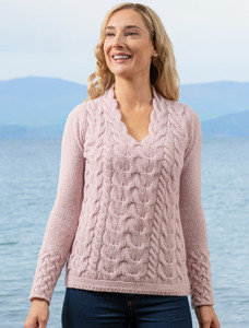 Wool Cashmere Cable V-Neck Sweater - Pink Mist