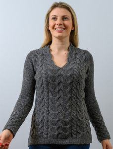 Wool Cashmere Cable V-Neck Sweater - Mid Grey