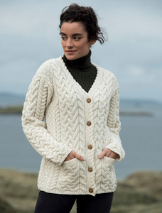 Super Soft V-Neck Button Up Cable Knit Cardigan - Classic Aran