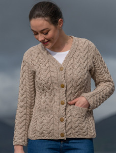 Super Soft V-Neck Button Up Cable Knit Cardigan - Toasted Oat