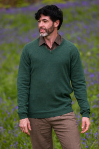Mens Lambswool V-Neck Sweater - Green Melange