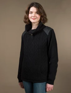 Cowl Neck Aran Sweater - Black