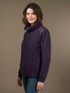 Cowl Neck Aran Sweater - Plum