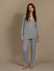 Aran Wool Cuffed Cable Leggings - Soft Grey