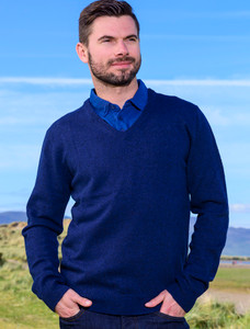Mens Lambswool V-Neck Sweater  - Navy Night