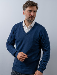 Mens Lambswool V-Neck Sweater  - Navy Night