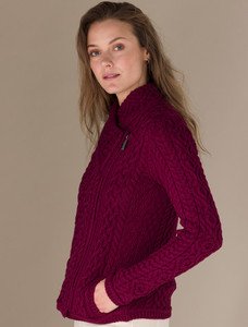 Women's Aran Jacket With Side Zip - Claret