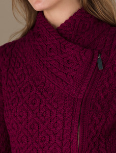 Women's Aran Jacket With Side Zip - Claret