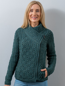 Women's Aran Jacket With Side Zip - Evergreen