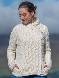 Women's Aran Jacket With Side Zip - Natural White