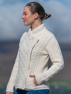 Women's Aran Jacket With Side Zip - Natural White