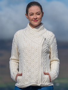 Women's Aran Jacket With Side Zip - Natural White
