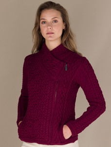 Women's Aran Jacket With Side Zip - Claret
