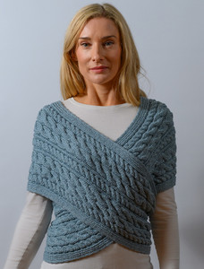 Merino Aran Cable Crossover Wrap with Buttons - Misty Marl
