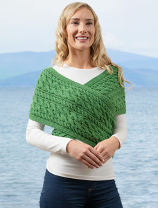 Merino Aran Cable Crossover Wrap with Buttons - Kiwi