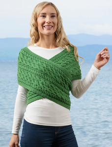Merino Aran Cable Crossover Wrap with Buttons - Kiwi