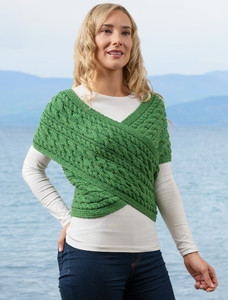 Merino Aran Cable Crossover Wrap with Buttons - Kiwi
