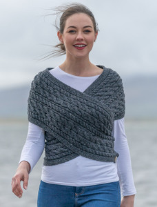 Merino Aran Cable Crossover Wrap with Buttons - Derby Grey