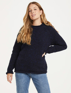 Ladies Roll Neck Wool Sweater - Navy Nep