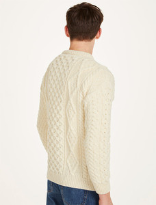 Men's Traditional Aran Wool Crew Neck Sweater - White
