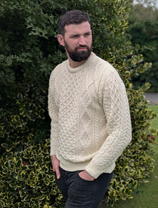 Men's Traditional Aran Wool Crew Neck Sweater - Natural White