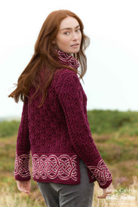 Ladies Celtic Jacquard Aran Sweater - Wine