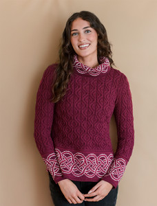 Ladies Celtic Jacquard Aran Sweater - Wine
