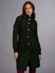 Women's Aran Long Button Cable & Diamond Coat - Army Green