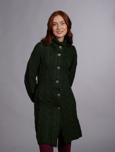 Women's Aran Long Button Cable & Diamond Coat - Army Green