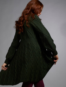 Women's Aran Long Button Cable & Diamond Coat - Army Green