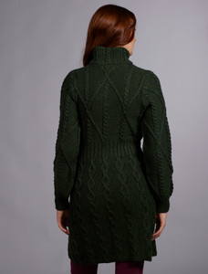 Women's Aran Long Button Cable & Diamond Coat - Army Green