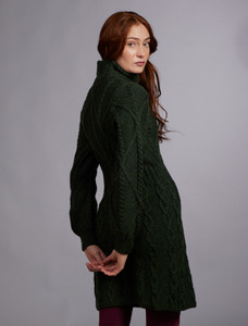 Women's Aran Long Button Cable & Diamond Coat - Army Green