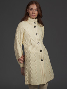 Women's Aran Long Button Cable & Diamond Coat - White