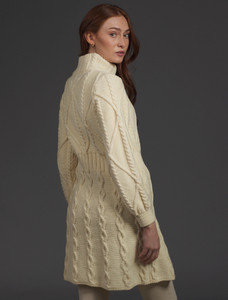 Women's Aran Long Button Cable & Diamond Coat - White