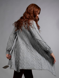 Women's Aran Long Button Cable & Diamond Coat - Grey