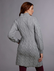 Women's Aran Long Button Cable & Diamond Coat - Grey