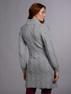 Women's Aran Long Button Cable & Diamond Coat - Grey