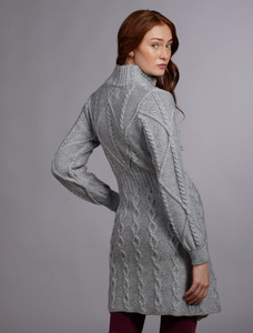 Women's Aran Long Button Cable & Diamond Coat - Grey