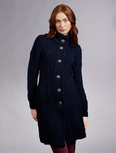Women's Aran Long Button Cable & Diamond Coat - Navy