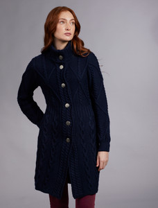 Women's Aran Long Button Cable & Diamond Coat - Navy