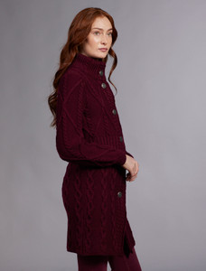 Women's Aran Long Button Cable & Diamond Coat - Wine